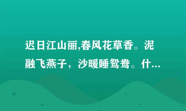 迟日江山丽,春风花草香。泥融飞燕子，沙暖睡鸳鸯。什么意思?